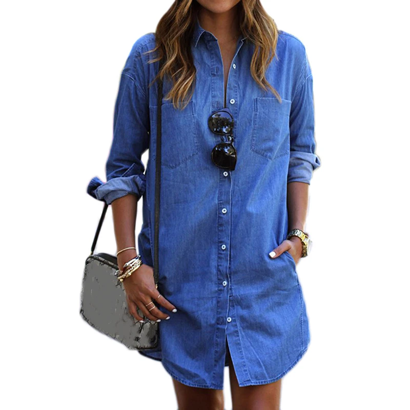 

Женское джинсовое мини-платье, повседневные свободные винтажные платья-рубашки с длинным рукавом, Длинные Блузки, топы, осень 2021