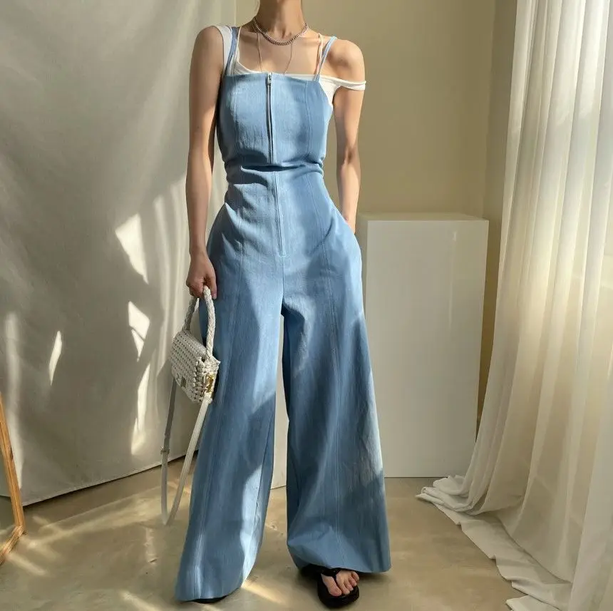 

Korejpaa Women Jumpsuits 2021 Summer Korea Chic Retro Zipper Design Open-Stitched Double-Pocket Wide-Leg Straight Sling Jumpsuit