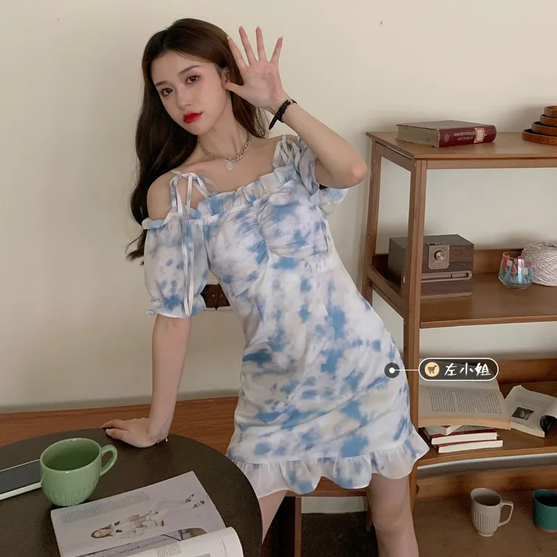 

Sexy Off Shoulder Dress Party Spaghetti Strap Short Sleeve High Waist A-line Mini Dresses for Women Clothes Summer New Hipster