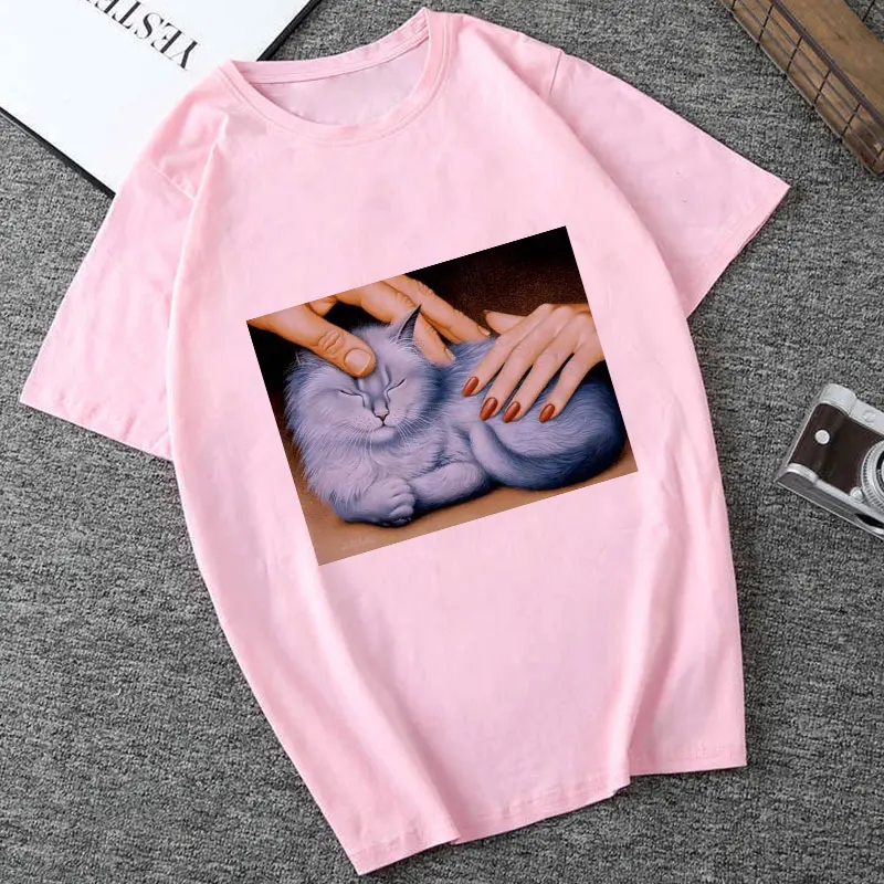Summer New Casual Fashion Big Size Cartoon Art Spoof Fun Tops Tees Print Short-sleeved Michelangel Cute Cat Loose Female T-shirt | Женская
