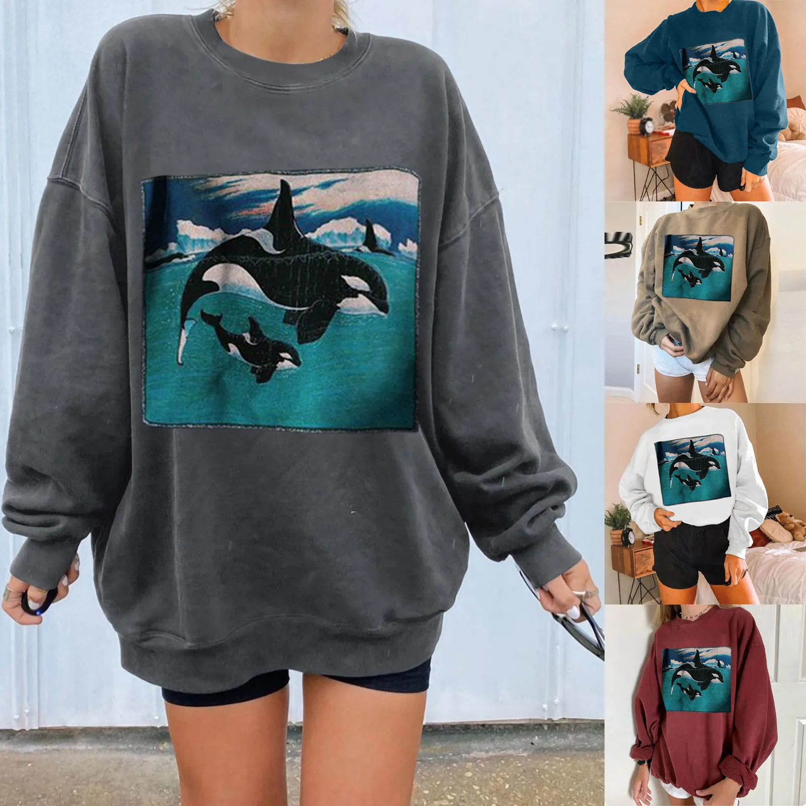 

Autumn Winter Women Sweatershirt Fish Print Casual Printing Long Sleeve Sweatshirt Pullover Tops Blouse Femme 2021 Свитер 2021