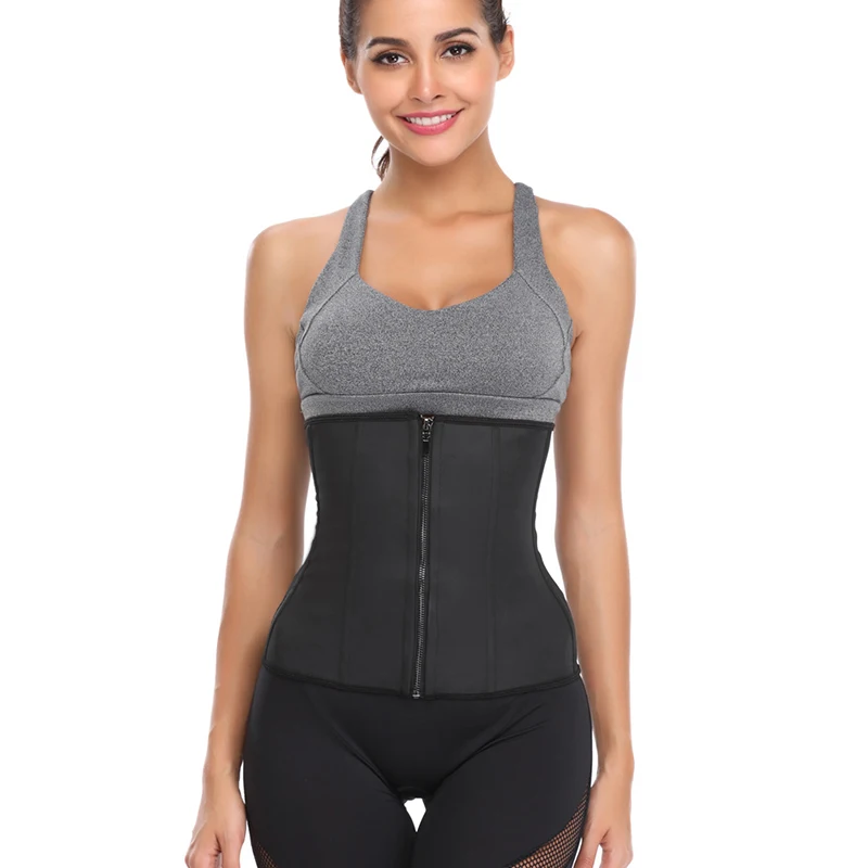 

Front Zipper & Hooks Boned Firm Body Shapewear Latex Waist Trainer Waist Cincher Shaper 7 Steel for Weight Loss Plus Size Black