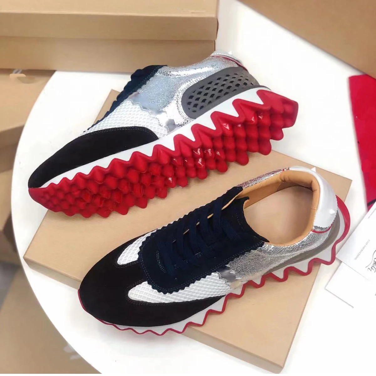 

Unisex Oversized Leather Sneakers 2021Men's Cow Suede Mix-Media Red Sole Sports shoes striking shark tooth