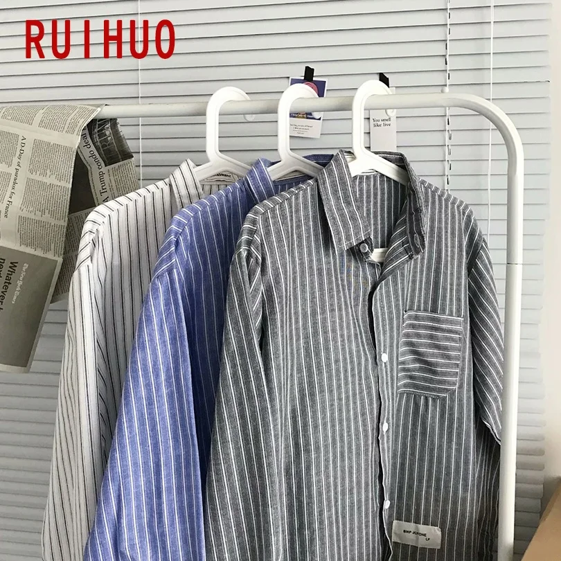 

RUIHUO полосатые повседневные рубашки для мужчин одежда корейские модные мужские рубашки с длинным рукавом телефон 2022 новое поступление