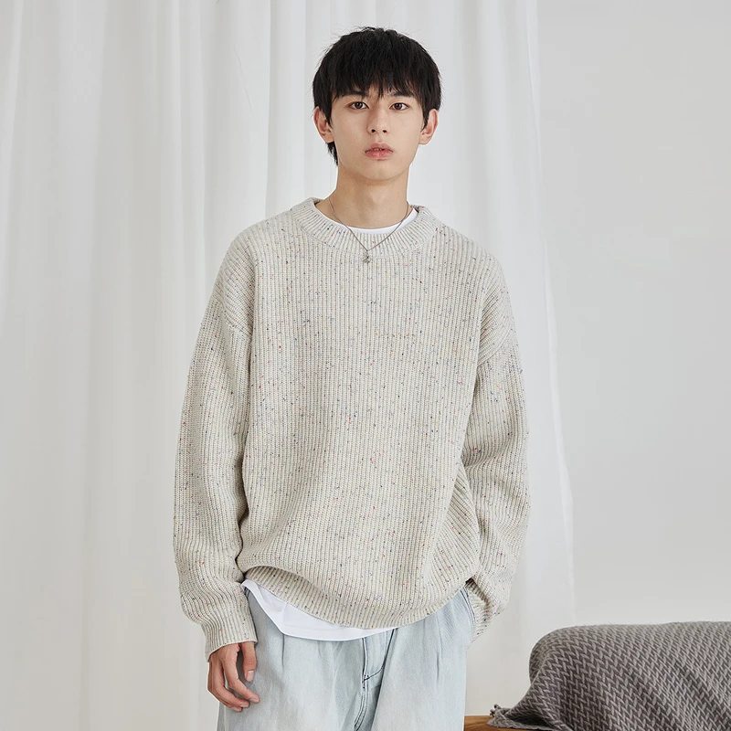 

Autumn Winter Personality Korean Fashion Loose Long-Sleeved Crew Neck Knit Pullover Men Trend Sand Solid Color Casual Sweater