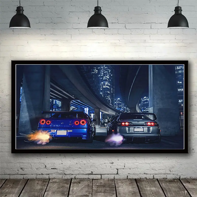 Картина на холсте "Car Wall Art Frame GTR R34 против Supra" для декора гостиной, спальни и дома. Без рамки.