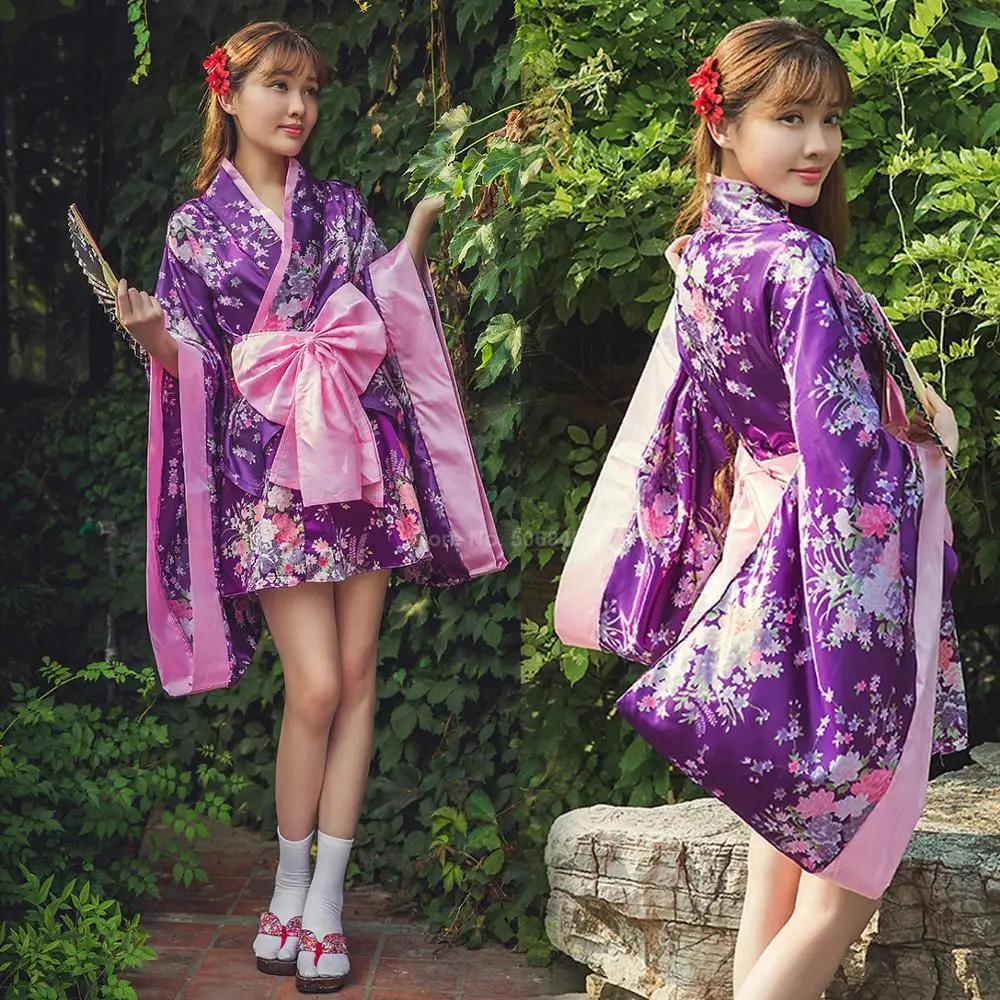 

Kimono Dress Kwaii Girls Lolita Japanese Style Yukata Floral Print Bow-knot Sakura Girl Haori Fancy Sexy Anime Cosplay Costume