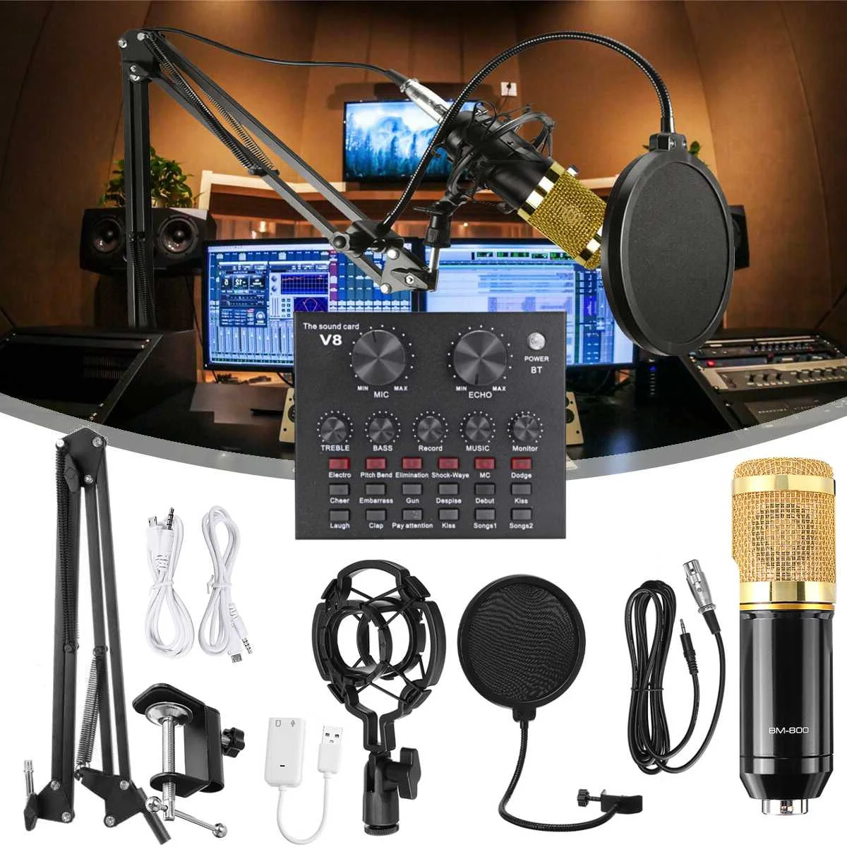 

BM800 Pro Microphone Mixer Audio dj Condenser Sound Card Live Broadcast MIC Stand USB bluetooth Recording Professional Game V8