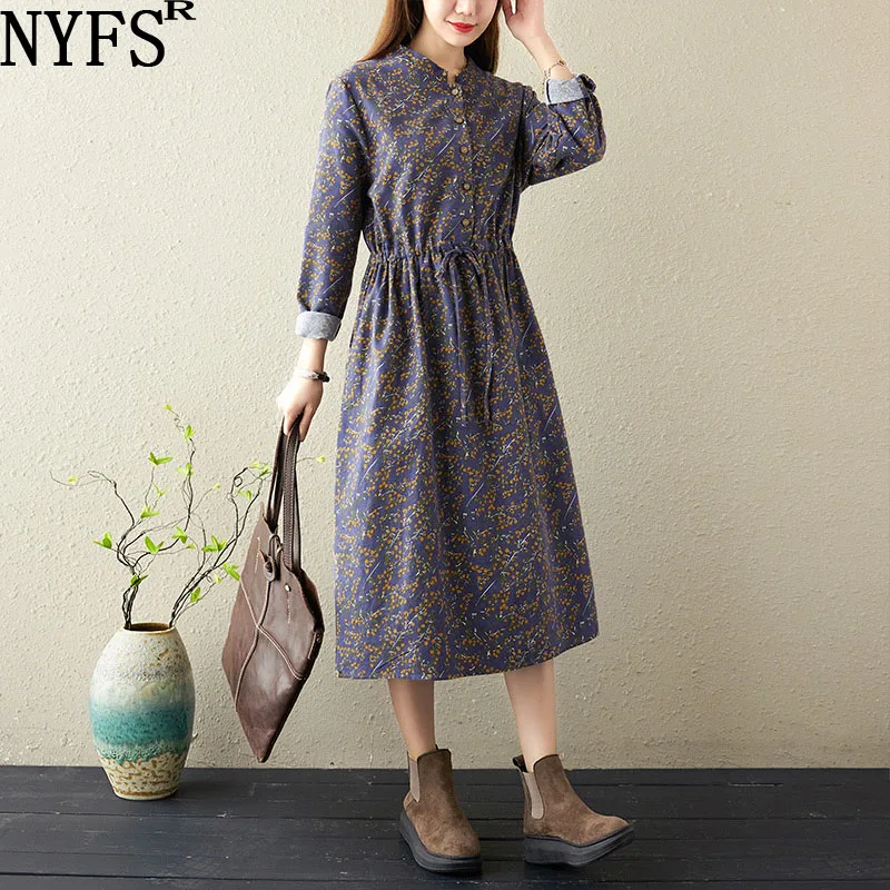 Женское длинное платье с принтом NYFS свободное в Корейском стиле поясом на
