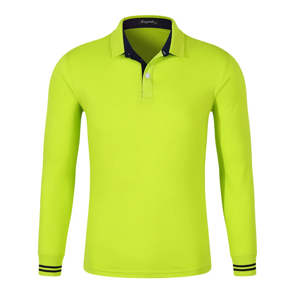 Fluorescent green Осенняя дышащая хлопковая тонкая рубашка-поло для мужчин с длинным рукавом с модным воротником для фитнеса, однотонная мужская одежда для гольфа на заказ - Цвет: Fluorescent green