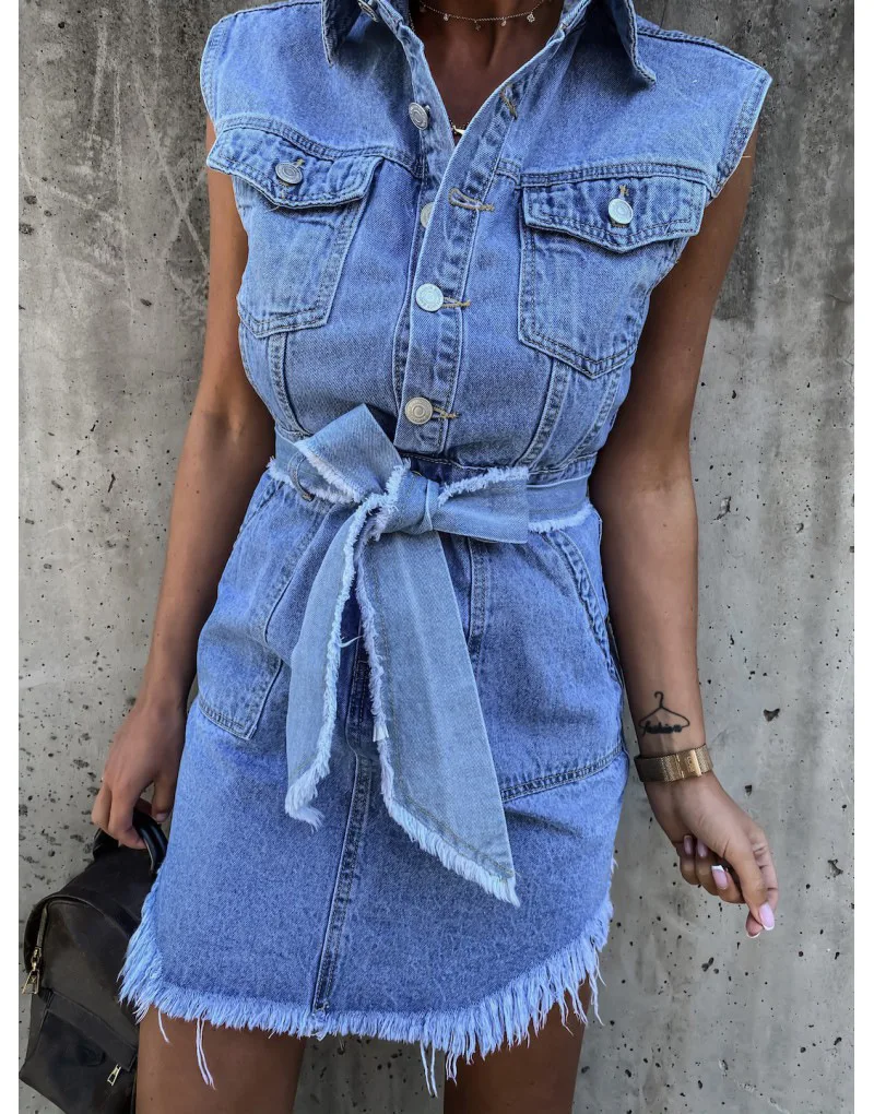 

Fashion Sleeveless Denim Dress Elegant Casual V Neck Dress Faux Buttons Pocket Jean Mini Straight Bodycon Bandage Dresses Robe