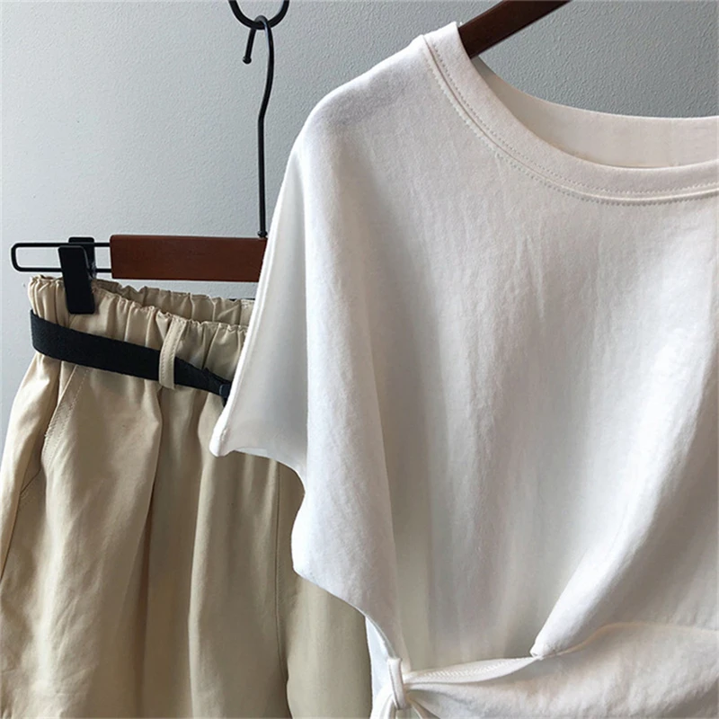 

Girls Fashionable T-shirts Women Summer O-neck Short Sleeve Tees Irregular Tops White Blue Streetwear Tshirt