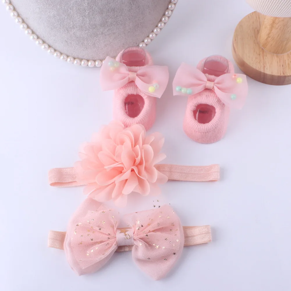 Baby 3Pcs Set Headband + Socks Kids Newborn Cartoon Boat Socks Lace Anti-slip Sock Shoes Boots Bowknots Floor Slipper Socks
