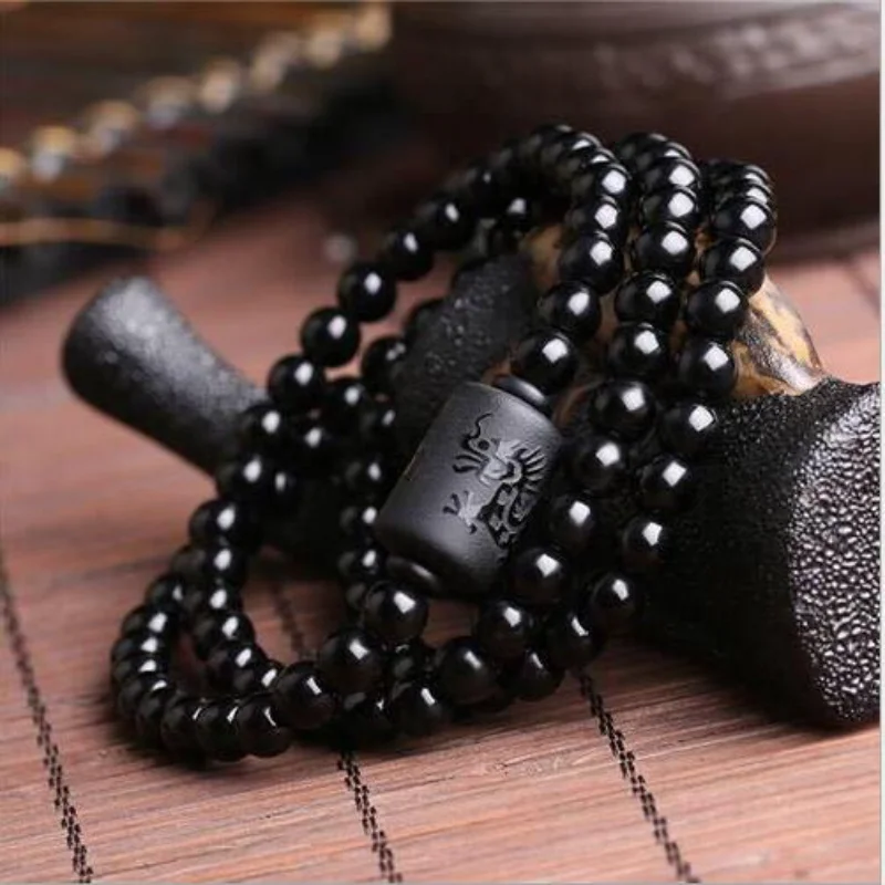 

New Crystal Black Obsidian Bead Dragon Phoenix Strand Bracelet For Men Women Couples Lovers Totem Buddha Lucky Amulet Jewelry
