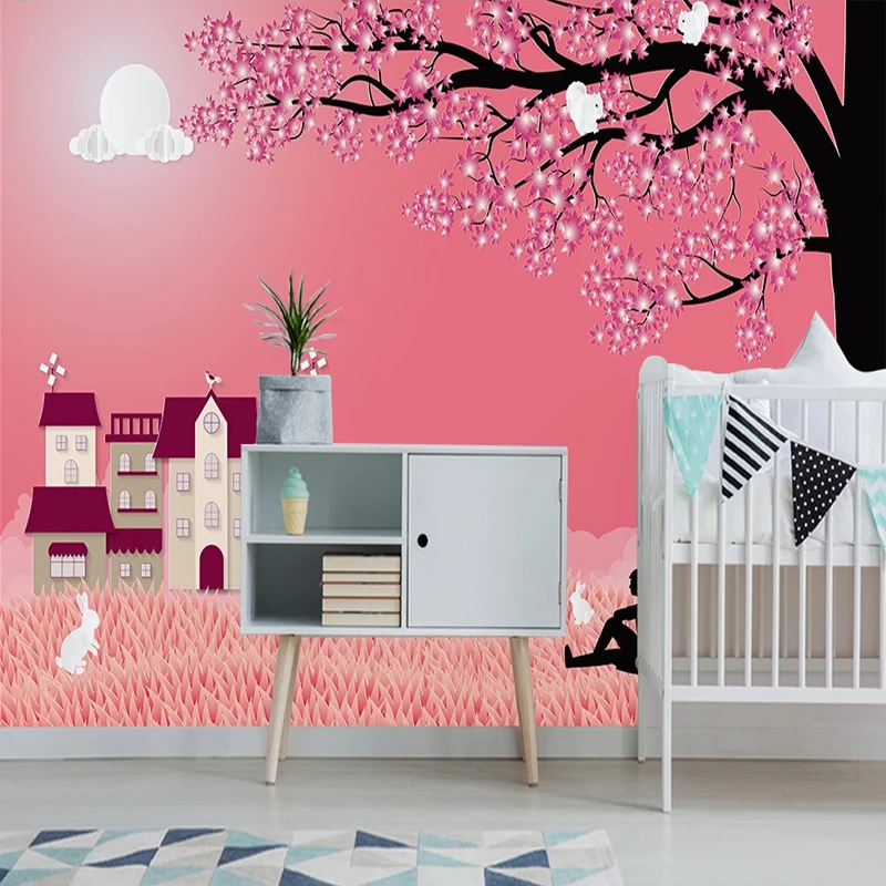 Фотообои на заказ романтичный розовый мультяшный дом Цветочное дерево Детская