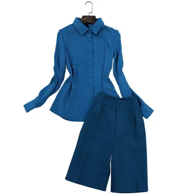 

Fashion pants suit spring and summer New casual striped slim shirt + High-waist colored five-point pants two-piece Sets women