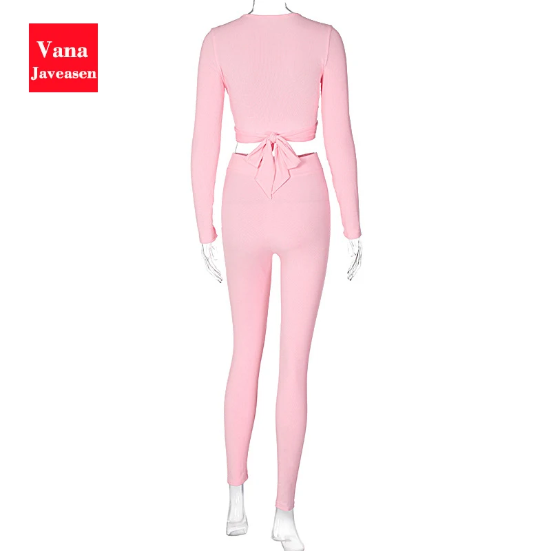 

Two-piece Women Clothing Sexy V-neck Lace-up Ctop Top Tracksuits High Waist Tight Pnats Solid Color 2PCS Clothe Set For Female