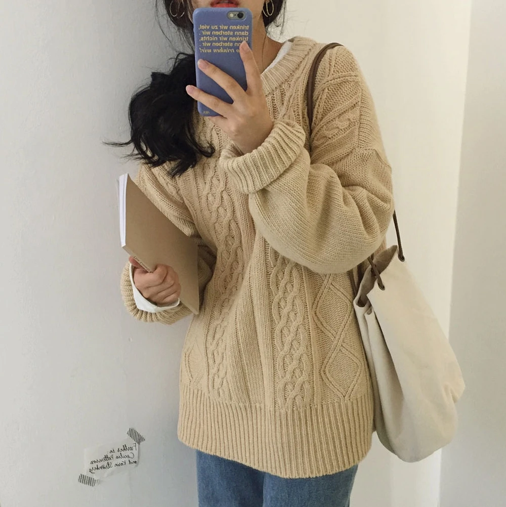 

Chic Twisted Sweaters Women 2019 New Autumn Winter Korean Students Loose Solid Color Long-sleeved Pullovers Female All Match Top