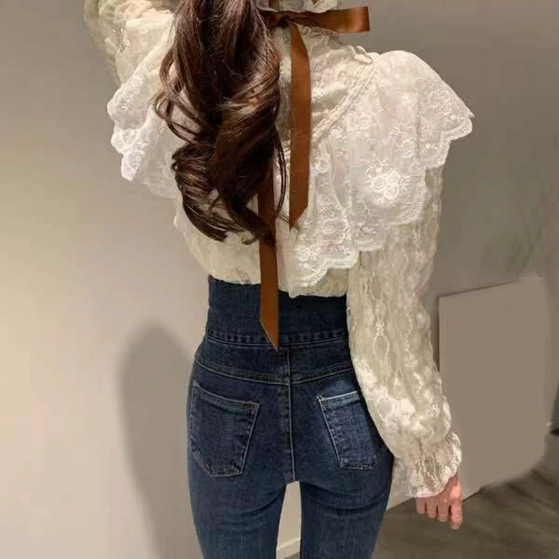 RealShe белая блузка женская с длинным рукавом и оборками сплошная шикарная