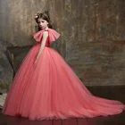 Платья для девочек с розовыми цветами, многослойные Детские платья из тюля для первого причастия, платья с буффами на рукавах и бантом для девочек, свадебные платья для маленькой невесты