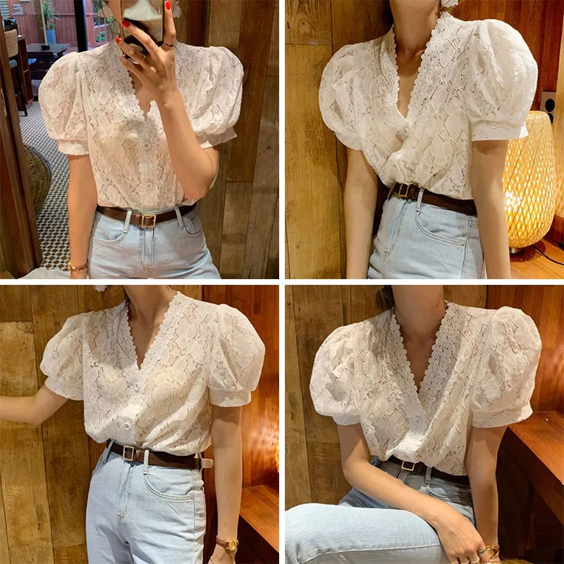 

020 Korean Summer Sweet V-neck Short-sleeved Shirt Female Age Reduction Perspective Lace Lace Puff Sleeve Top