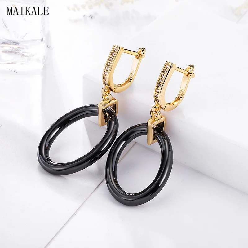 MAIKALE простые круглые черные керамические серьги с подвесками золотые и