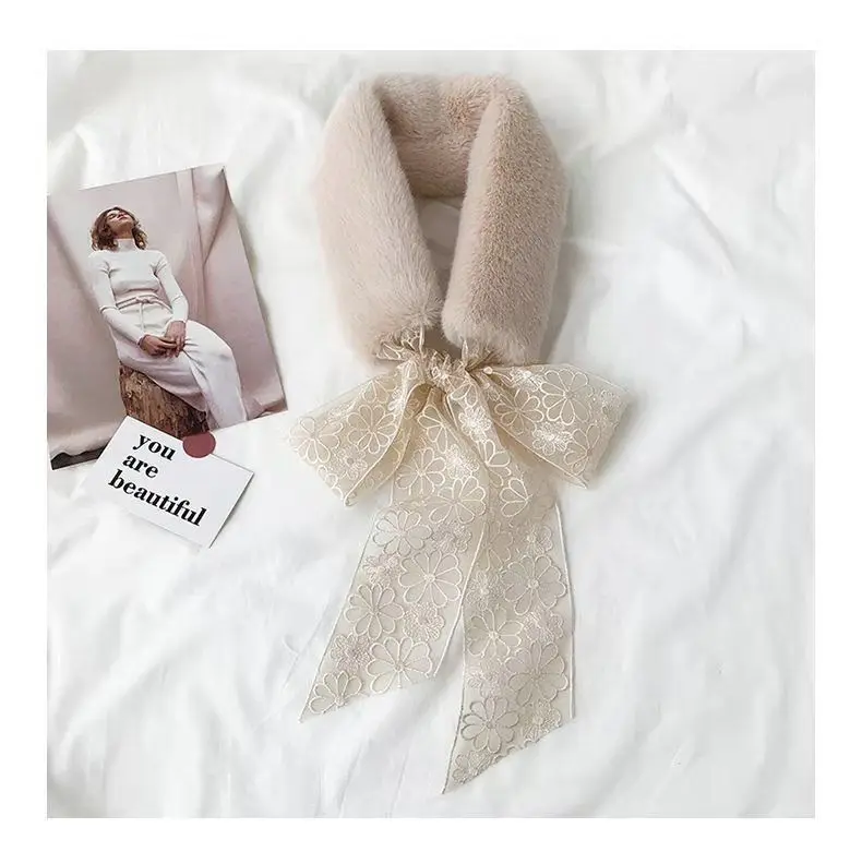 

Beige Korea Lace Fashion Fall Winter Women Lady Faux Fox Furry Plush Scarf Grass Collar Fur Scarf Neck Warmer New Gift Bufanda