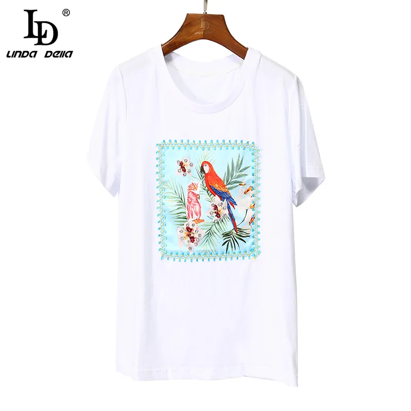 

LD LINDA DELLA 2021 Summer Fashion Casual Pullover Tops Women's clothing Animal Plant printing White T-shirt