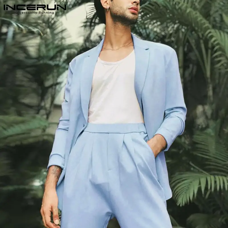 

Новинка, мужская стильная деловая верхняя одежда INCERUN, облегающий блейзер с лацканами, мужской однотонный Удобный Повседневный костюм с дли...