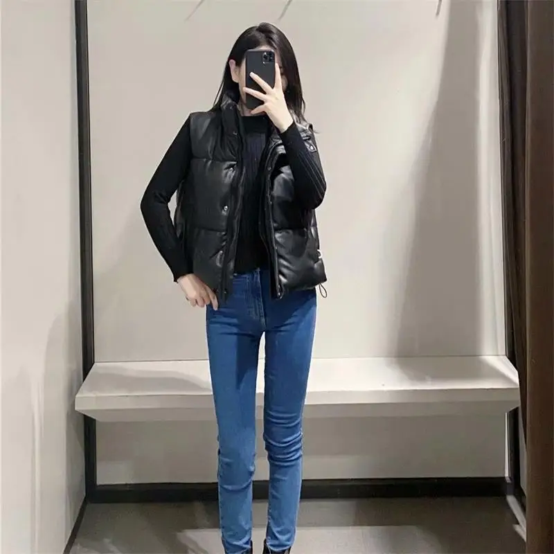 

TRAF Women 2021 Fashion Leather Cotton Cropped Padded Waistcoat Vintage Sleeveless Female Outerwear Streetwear