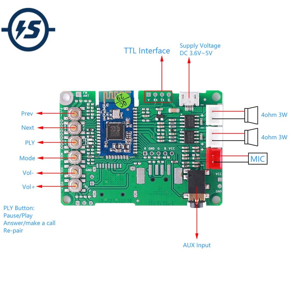 DC 5V двухканальный модуль усилителя Bluetooth BLE4.2 стерео 2x4W AUX аудио вход SPP |