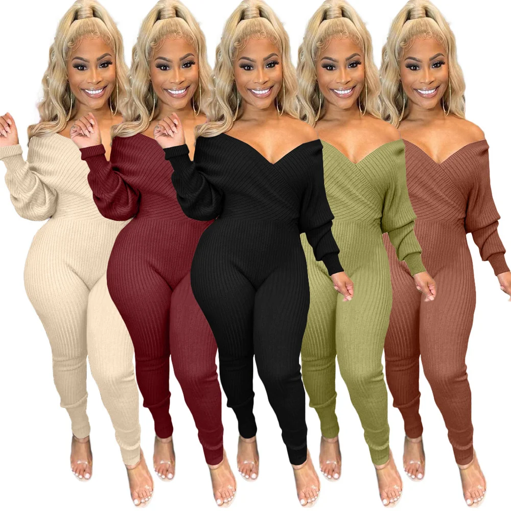 

V Neck Off-the-shoulder Thread Slim Sexy Solid Color Fashion Jumpsuit Street Wear Elegant One Piece Outfit Women Wholesale