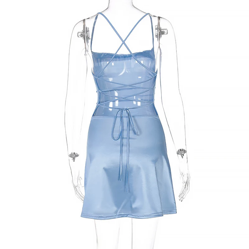 

Summer Women Backless Dresses Elegant Hedging Polyester Sleeveless Sling A-Line Mini Skirt Blue Sexy Club Short Bodycon Prom New