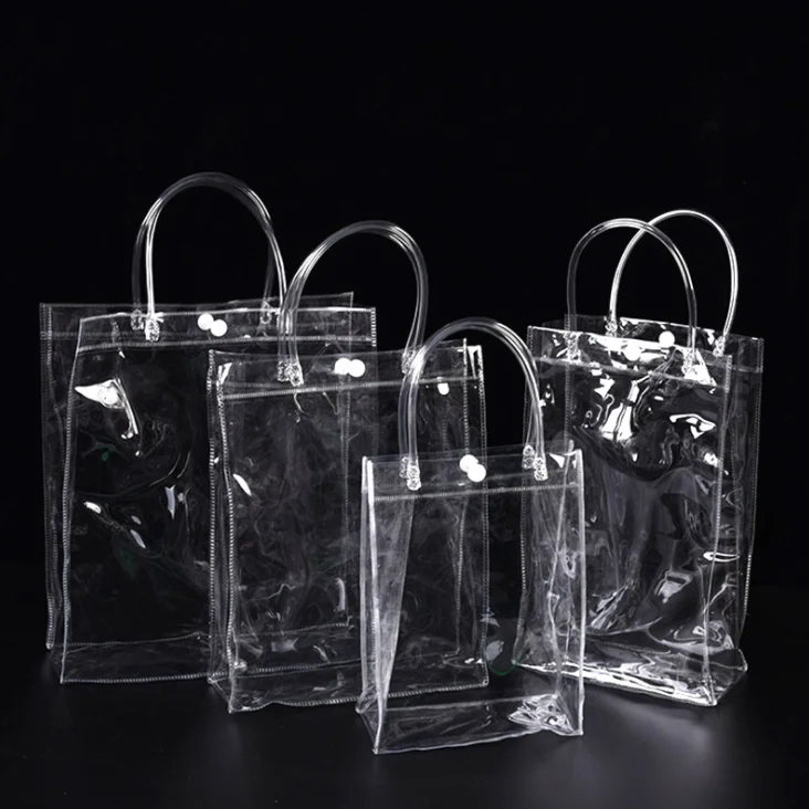 100pcs/lot Transparant PVC Gift Tote Packaging Bags With Handle Clear Plastic Handbag Fashion PVC Bags With Button