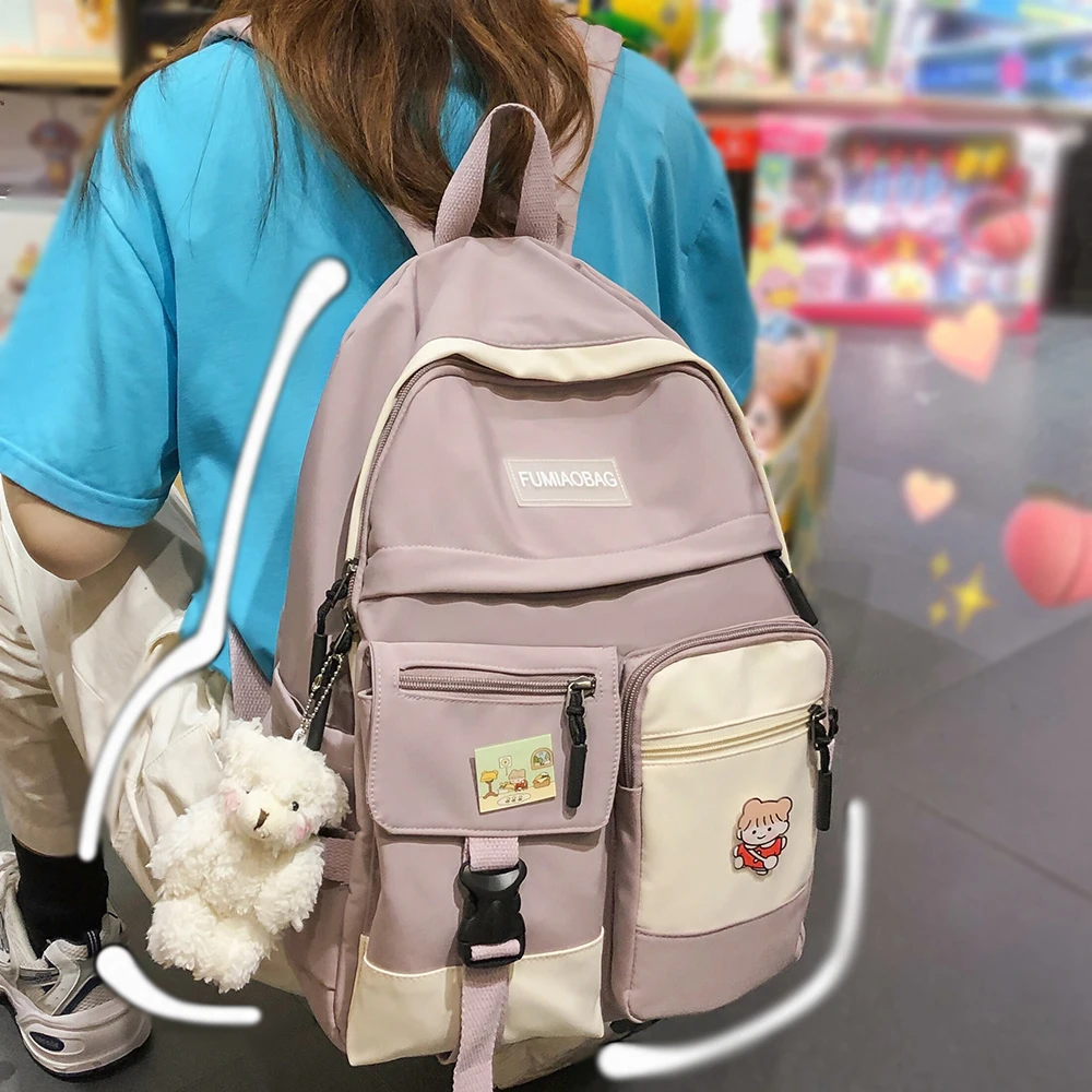

College Student Women Harajuku Backpack Cute Badge School Bag Book Lady Kawaii Backpack Nylon Girl Trendy Fashion Bag Female New