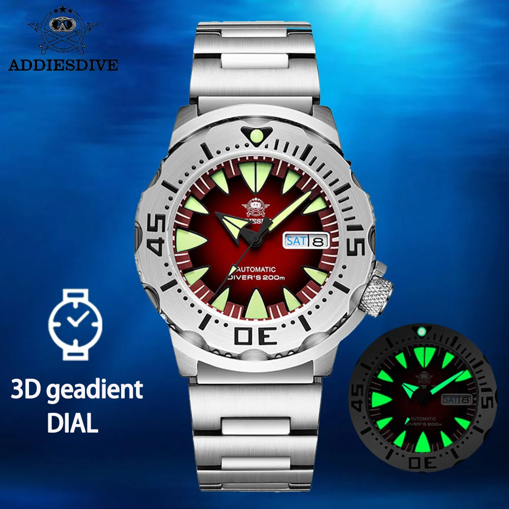 

New Addiesdive Monster Watch Men NH36A Movement Stainless Steel Case Rotatzing Bezel Red Dial Watches for Men Automatic AD2103