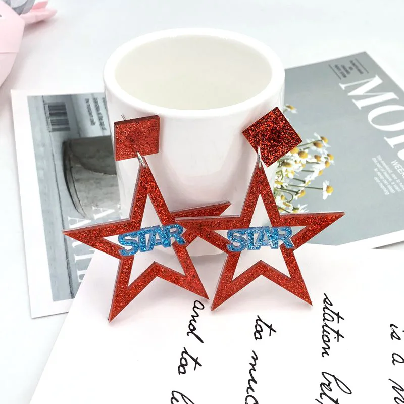 Новое поступление акриловые висячие серьги с красными сияющими звездами модные