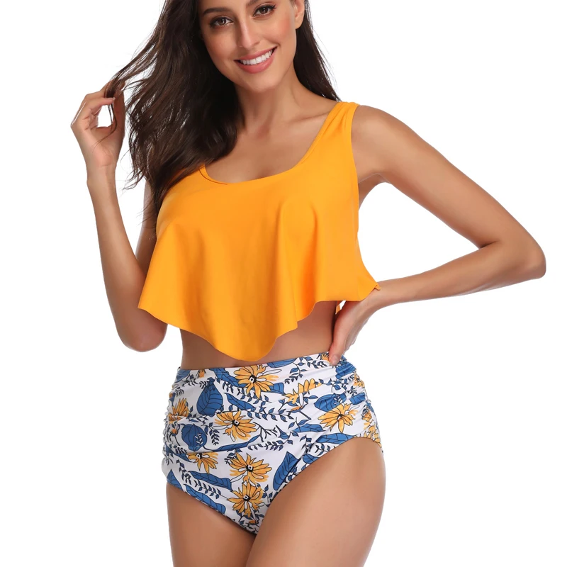 Женский купальник с высокой талией купальник-бикини размера плюс листьями