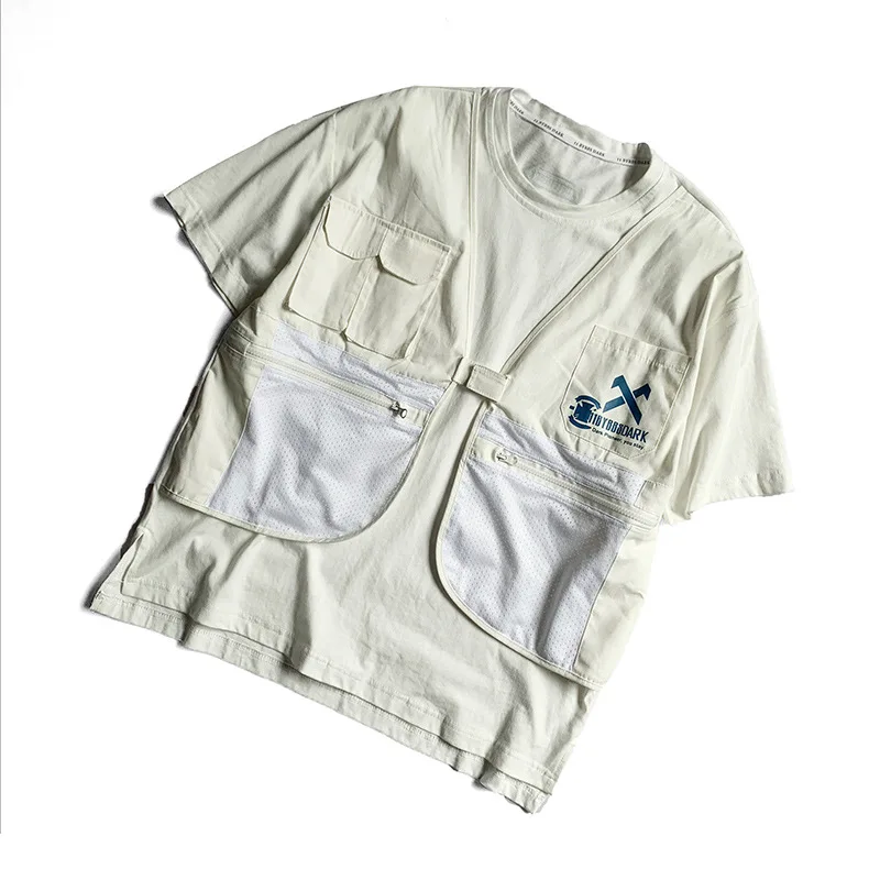 

Fake Two-Piece Hip Hop Techwear Streetwear T-shirt Men's Punk Casual Waistcoat Zipper Pocket Top&Tees For Men Tooling Clothes