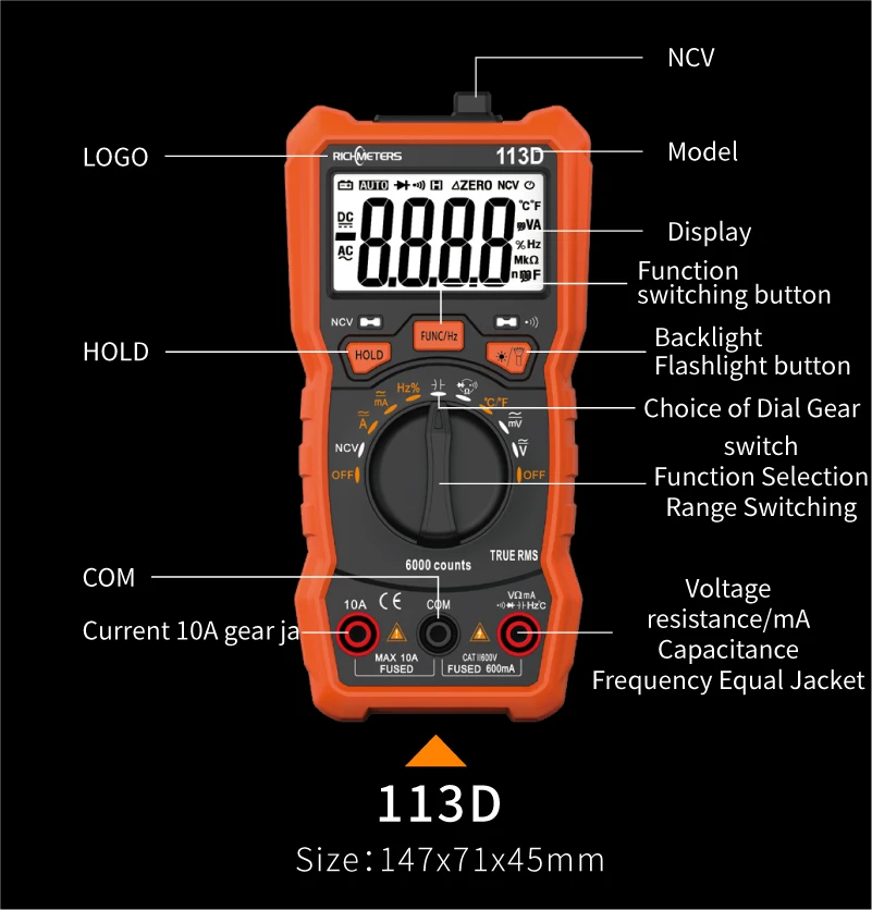 RICHMETERS NCV Цифровой мультиметр 2000 отсчетов HFE AC/DC измеритель напряжения вспышка светильник задний светильник большой экран RM113A мультиметры
