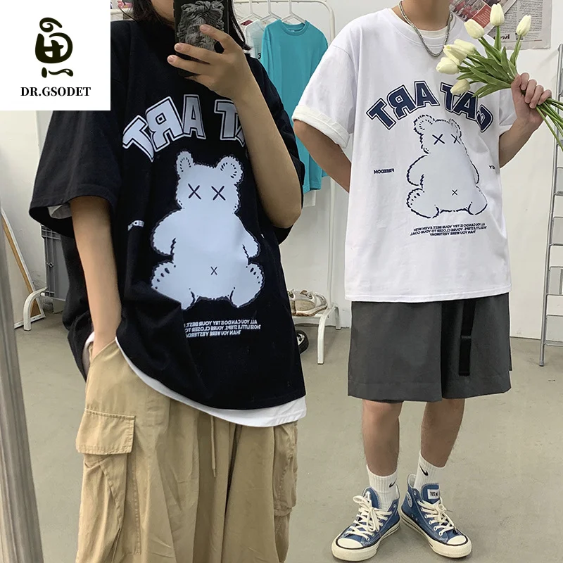 

GSODET Summer T-Shirt Couple Cotton Cartoons Bear Print Half-Sleeved Casual Loose O-Neck Men's and Women's Tops Oversize