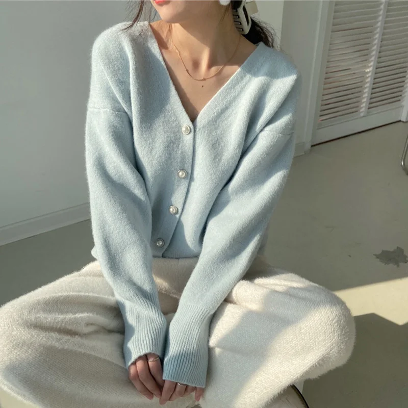 

Women's Solid Knit Long Sleeve Sweater Cardigan 2021 Autumn V-neck Single Breasted Loose Knitwear Lady Sweet Fashion Cardigans