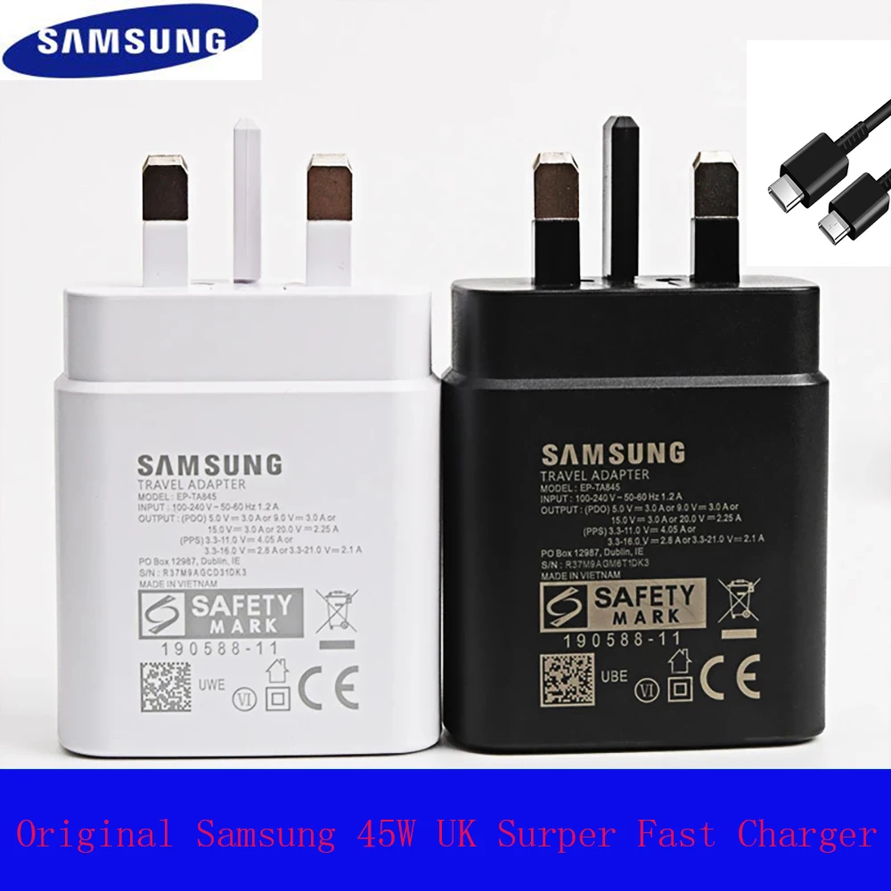 

45W UK Plug Original Samsung Super Fast Charger Adaptive With PD type C To type C Cable For Galaxy S21 S20 A72 A71 A91 Note10