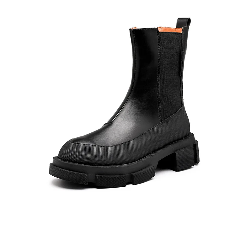 

2020 New Winter Women's Martin Boots Round Toe Thick bottom Telastic Female boots Pure color Cool Med-tube Women's shoes