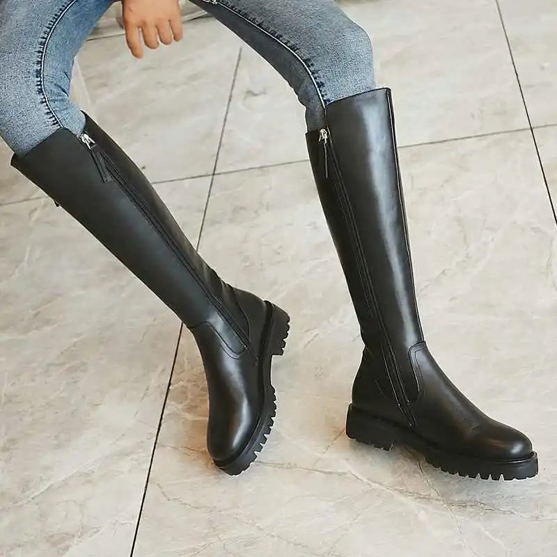 krazing pot winter super keep warm cozy cow leather knight boots round toe med heels solid zipper fashion thigh high boots L5f6
