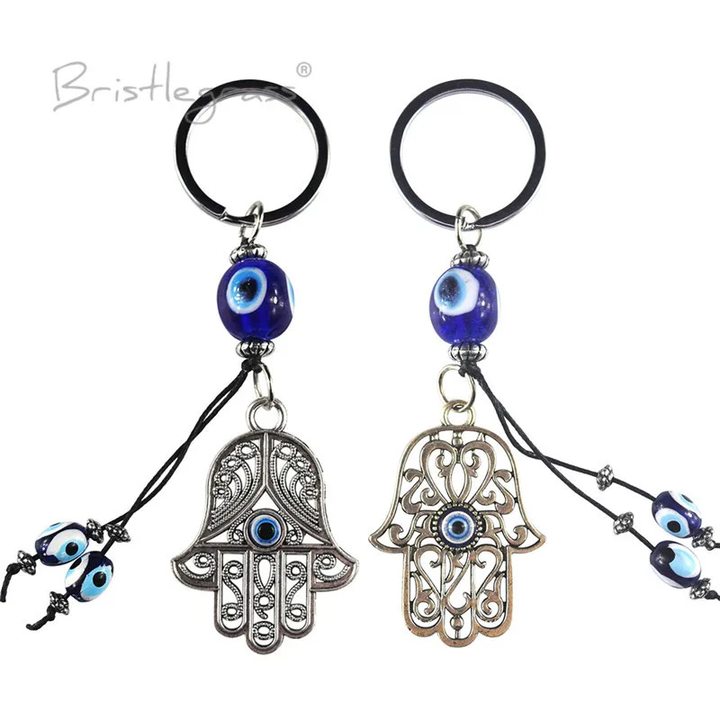 

BRISTLEGRASS Turkish Blue Evil Eye Carved Hamsa Hand Keychain Lover Key Chains Ring Holder Amulets Lucky Charm Blessing Pendants