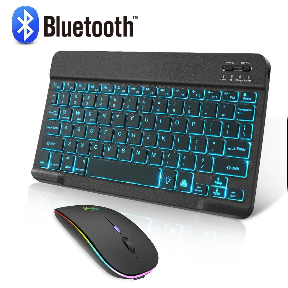 Мини светодиодный Bluetooth клавиатура и мышь RGB Беспроводной с мышью Подсветка Russain