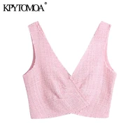 kpytomoa women 2021 fashion with frayed trims cropped tweed tank tops vintage backless side zipper female camis mujer