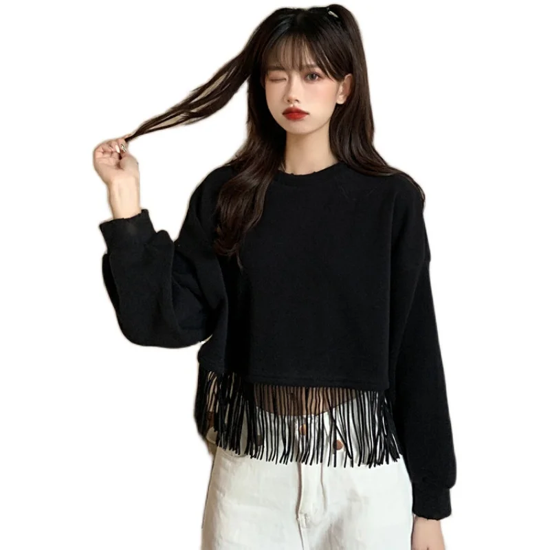 

Fashionable autumn and winter new loose and thickened tassel worn long sleeve sweatshirts