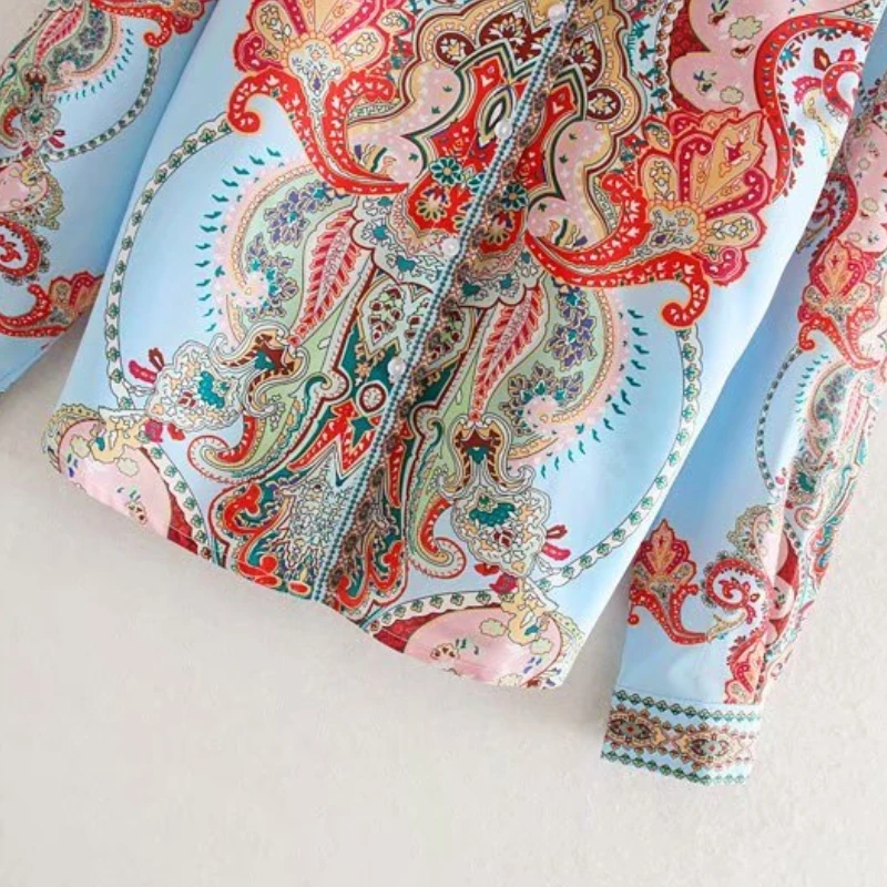 

Vintage Placement Print Turndown Collar Women Shirt Leisure Lady Long Sleeve Blouse Loose Tops S6372